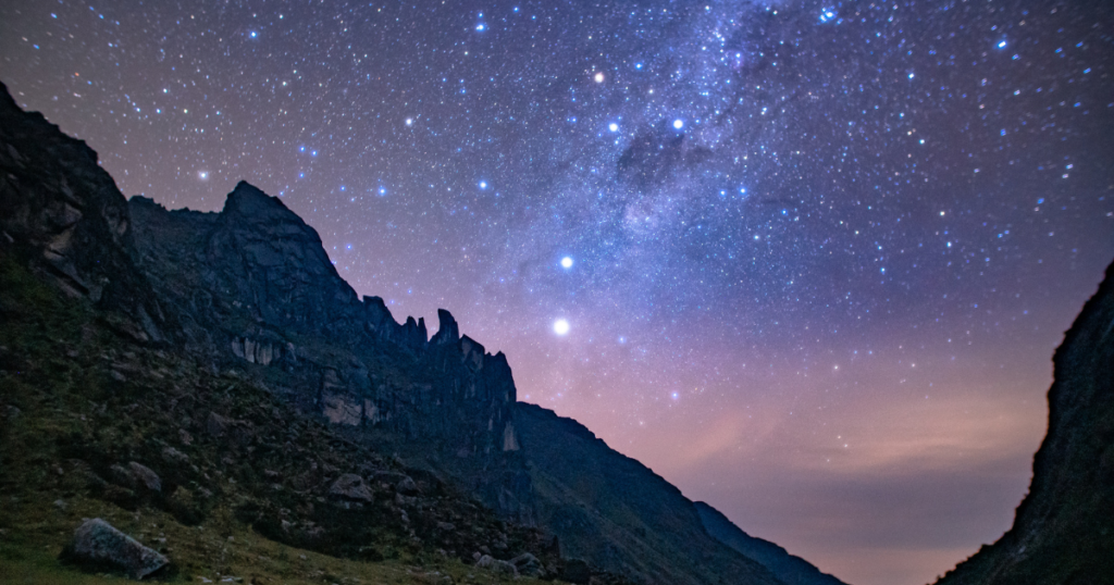 Inca Trail night sky milky way galaxy in cusco region of peru backpacking and hiking