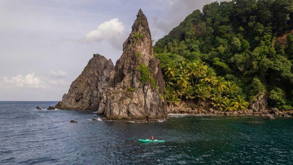 sea kayaking trips in the Dominica, calm waters of the Caribbean, before rounding the corner and facing the wind and waves of the Atlantic.