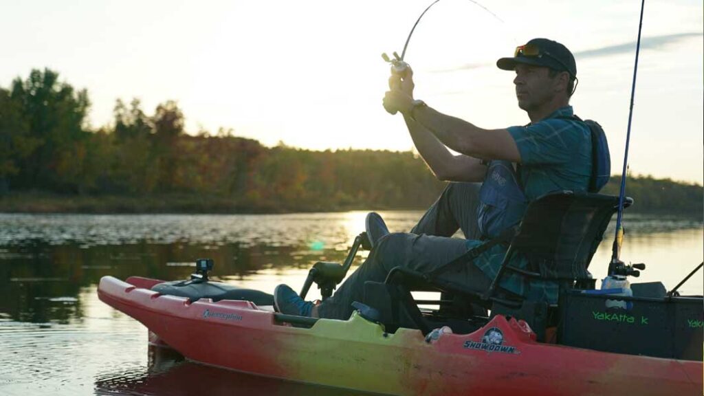 fishing kayak hands free set up with a sit on top pedal kayak, the Perception Showdown