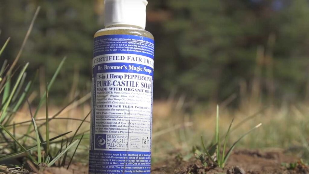 Staying clean while camping: Dr Bronner's soap is outdoors-safe!  Try not to use non-biodegradable soaps!