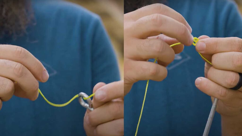 3. Pass the tag end back through the overhand knot.  4. Pull the knot until it's close to the eye of the hook.