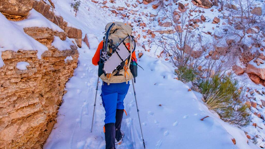 Mystery Ranch Bridger 45 backpack review by Eric Hanson: On my Grand Canyon trip, I used the same kind of external gear connection points to attach my snowshoes to my Bridger 55
