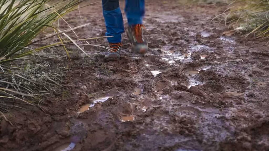 Even if its muddy, best to simply gear up with the right boots and keep on the trail.