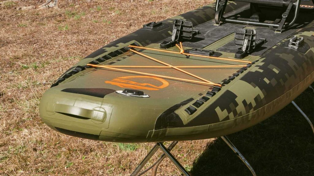 The bow of the kuda inflatable kayak is bomber with grab loop, cool tie-down loops and a nice open space for rod staging.