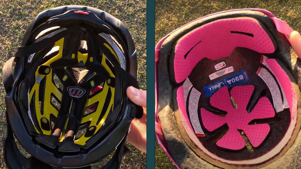 On the left is a biking helmet with a cool adjustment dial.  On the right, the padded skater helmet.