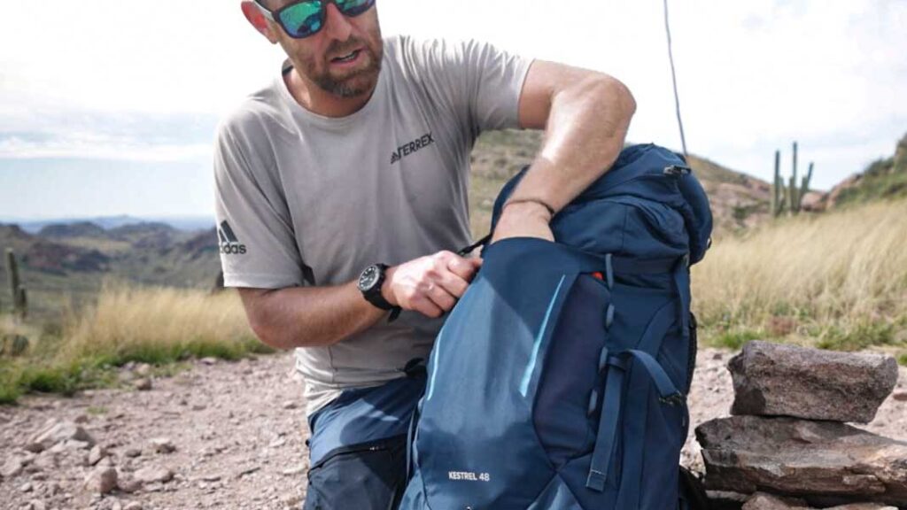 Top and front loading areas for easy access gear is awesome on the Osprey Kestrel 48L pack