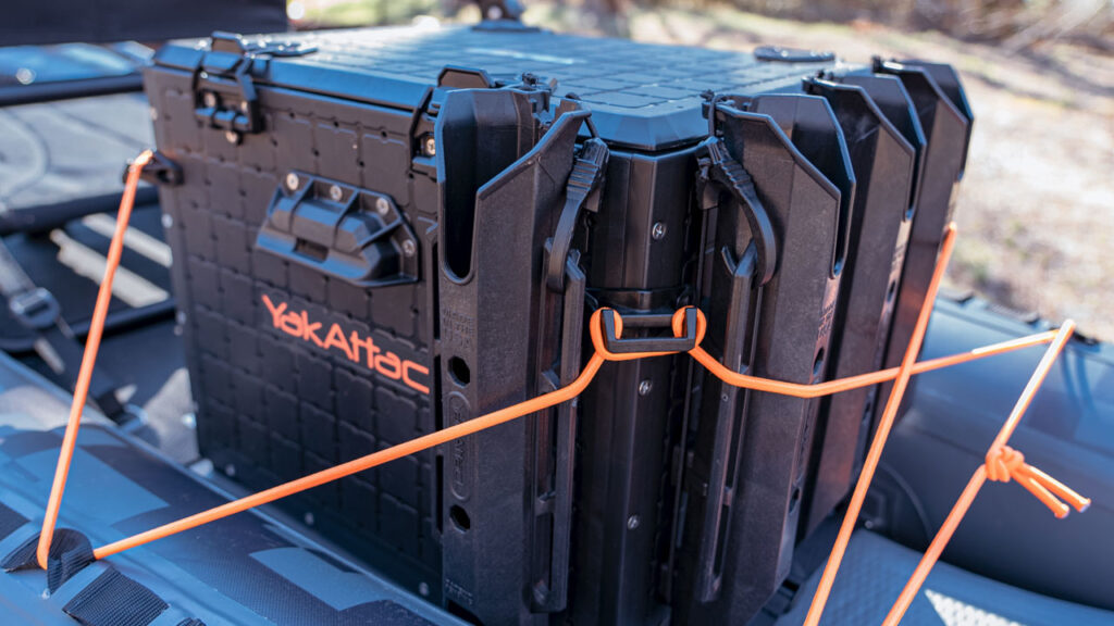 YakAttack BlackPak Pro review: Here I tie it to the NRS Pike Pro inflatable kayak.