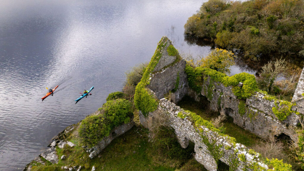 Kayaking by an old ruin.