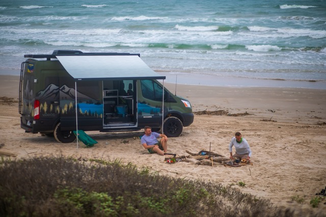 Camper van set up at waterfront on the beach, Corpus Christi