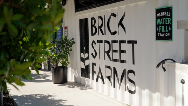 Exterior of shipping container painted with Brick Street Farms logo.
