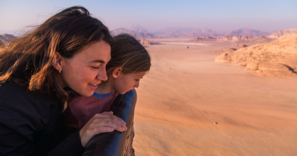 emily jackson and daughter overlooking aqaba in a hot air balloon in jordan