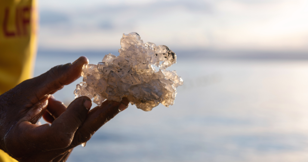 man holding salt in the dead sea in aqaba jordan great family adventure