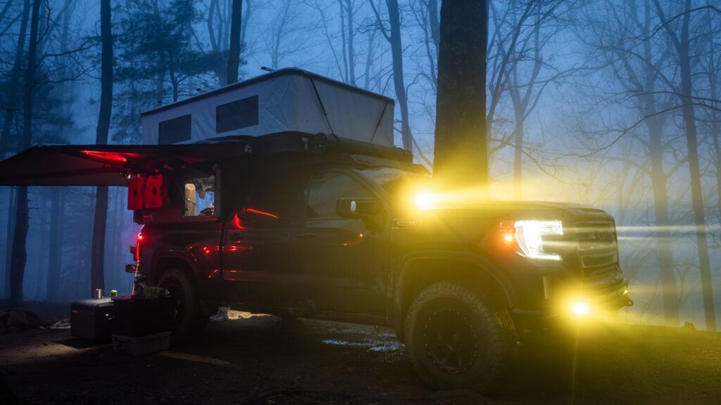 Georgia Traverse at night, GMC Sierra Overland Truck and Four Wheel Camper Project M