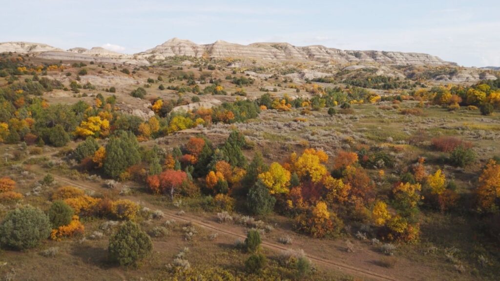 Aerial view of hiking on the Maah Daah Hey Trail in North Dakota