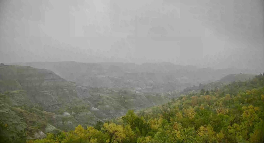 Aerial view of the Maah Daah Hey Trail in North Dakota on a rainy day