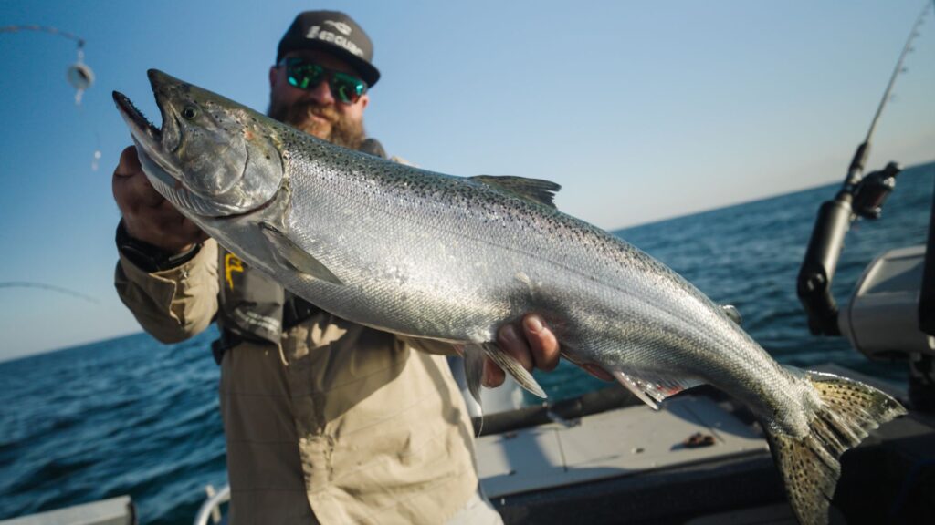 jameson redding holding a big fish on the great lakes while on the weldcraft ocean king 240 fishing boat