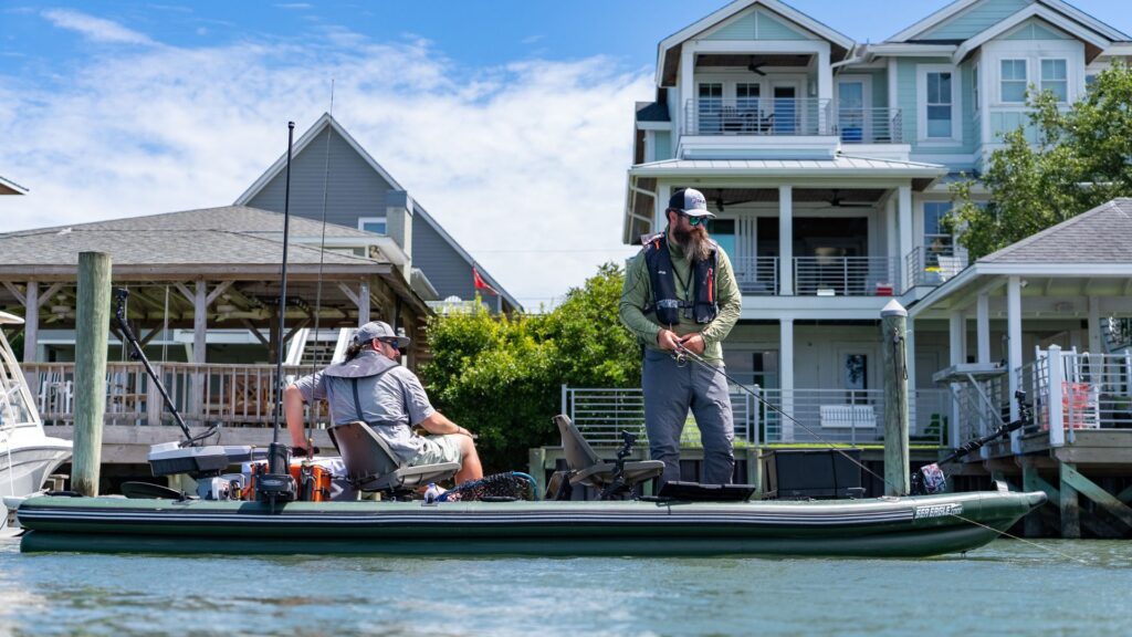 Inflatable Sea Eagle FishSkiff 16 showing deck layout for two anglers